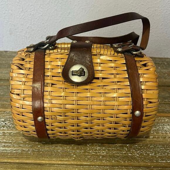 Vintage Wicker Woven Purse Boho Cottagecore Brown Leather Straps Womens handbag - Picture 1 of 6